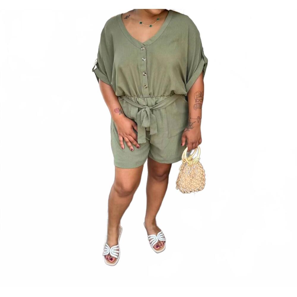 NEW AUDREY LANE button front v-neck romper in olive green